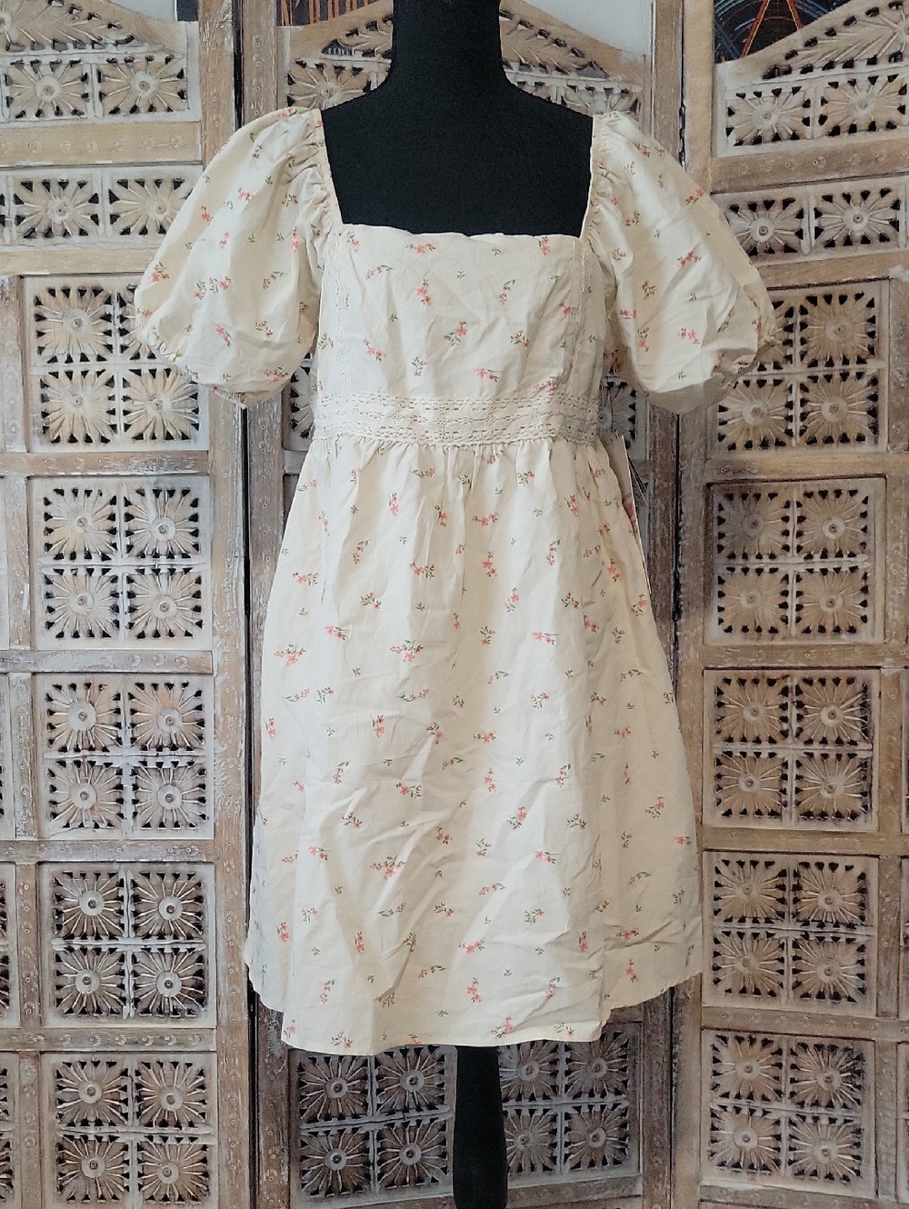 Floral Cream Puff-Sleeve Babydoll Dress L